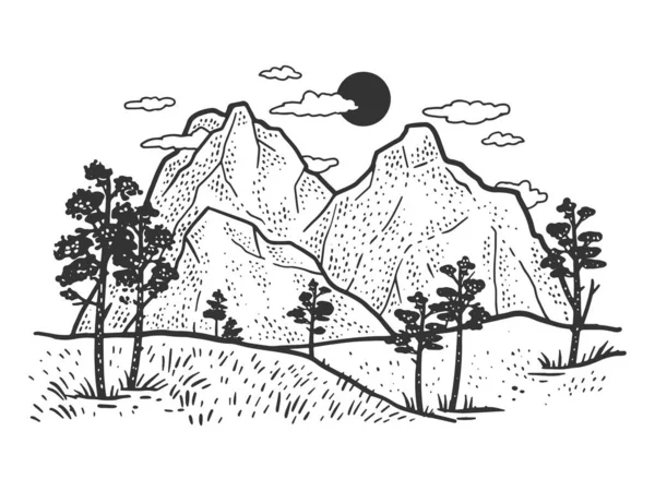 Montanha paisagem esboço gravura vetor ilustração. T-shirt design de impressão de vestuário. Imitação de raspadinha. Imagem desenhada à mão preto e branco . — Vetor de Stock