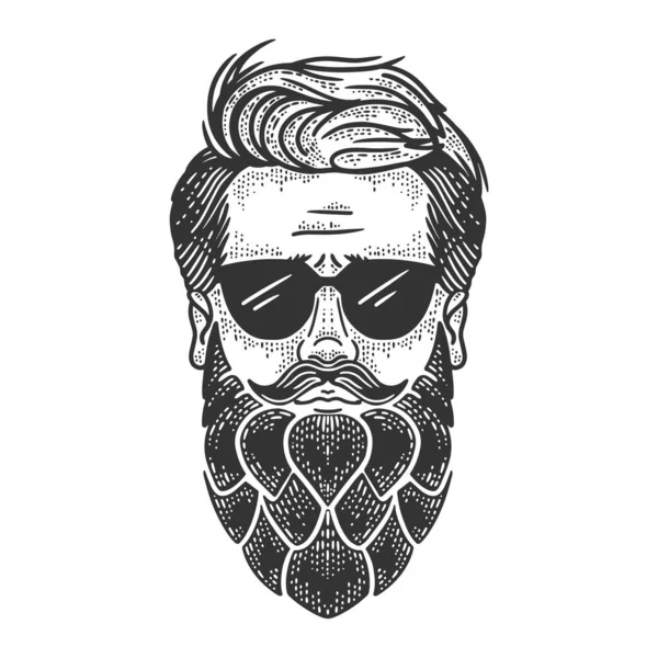 Чоловік з бороди хмелю ескіз гравіювання Векторні ілюстрації. Дизайн футболки для друку. Імітація дошки подряпин. Чорно-біле намальоване зображення руки . — стоковий вектор
