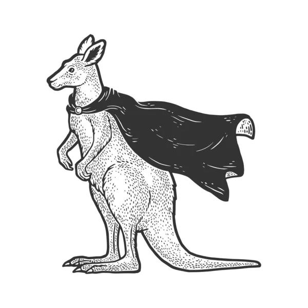 Kangoeroe in superheld mantel cape schets graveren vector illustratie. T-shirt kleding print ontwerp. Krasplank imitatie. Zwart en wit met de hand getekend afbeelding. — Stockvector