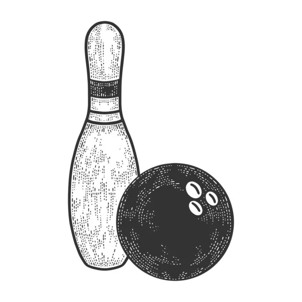 Bowling pin en bal schets graveren vector illustratie. T-shirt kleding print ontwerp. Krasplank imitatie. Zwart en wit met de hand getekend afbeelding. — Stockvector