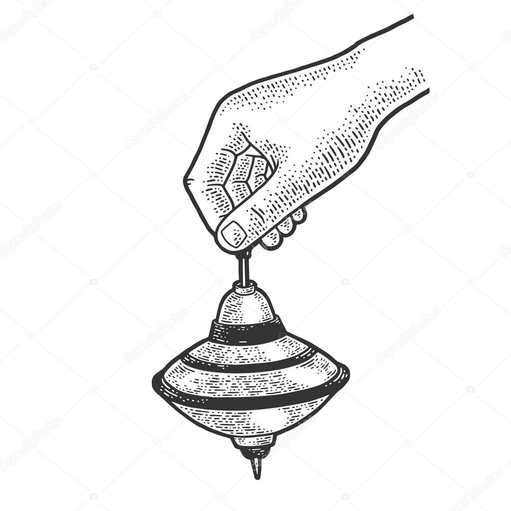 Hand with spinning top toy sketch engraving vector illustration. T-shirt apparel print design. Scratch board imitation. Black and white hand drawn image.