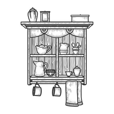 Dolapta kabartma vektör çizimi var. Tişört giysisi baskısı tasarımı. Çizik tahtası taklidi. Siyah beyaz el çizimi resim.