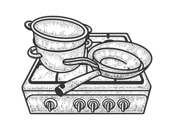 Vieille cuisinière à gaz avec pots sales et casseroles croquis gravure vectorielle illustration. T-shirt imprimé design. Imitation de carte à gratter. Image dessinée à la main noir et blanc . — Image vectorielle