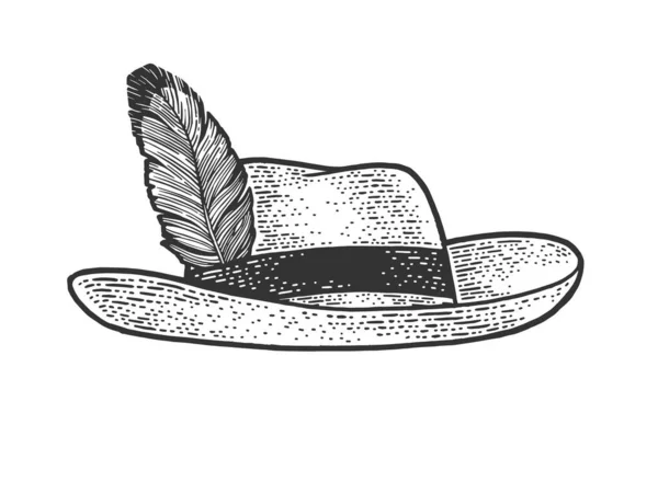 Sombrero con ilustración de vectores de grabado de plumas bosquejo. Diseño de estampado de ropa de camiseta. Scratch board imitación. Imagen dibujada a mano en blanco y negro . — Vector de stock