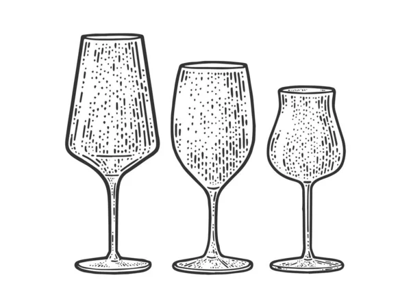 Verres à vin ensemble croquis gravure vectorielle illustration. T-shirt imprimé design. Imitation de carte à gratter. Image dessinée à la main noir et blanc. — Image vectorielle