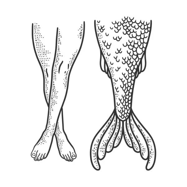 Női lábak és sellő farok vázlat vektor illusztráció. Póló mintás ruha. Karcolódeszka utánzat. Fekete-fehér kézzel rajzolt kép. — Stock Vector