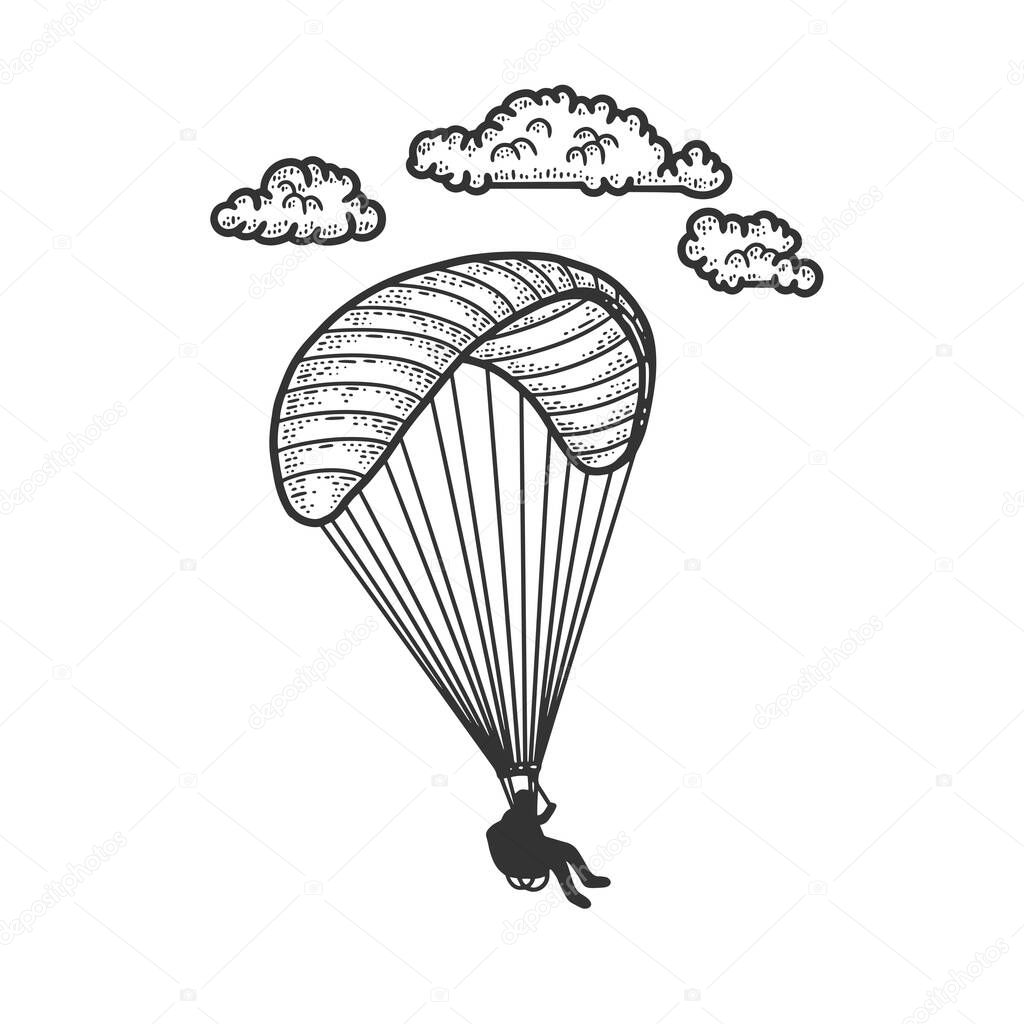 Paragliding sketch engraving vector illustration. T-shirt apparel print design. Scratch board imitation. Black and white hand drawn image.