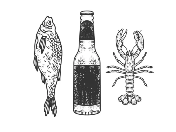 맥주에 마른 생선 과 가재 스케치를 한 벡터 삽화를 넣는다. 티셔츠 의류 인쇄 디자인. 스크래치 보드 모방. 손으로 그린 흑백 그림. — 스톡 벡터
