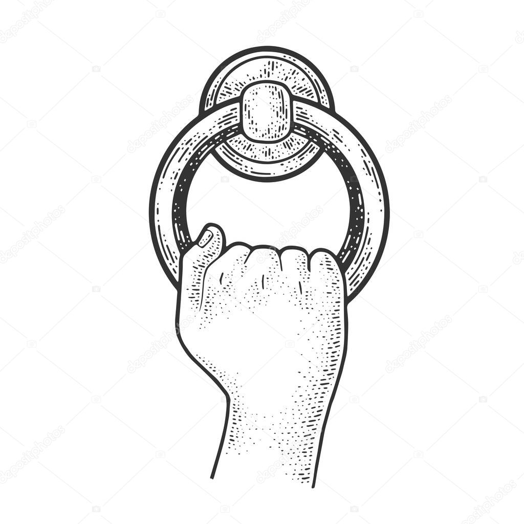 Door knocker ring sketch engraving vector illustration. T-shirt apparel print design. Scratch board imitation. Black and white hand drawn image.