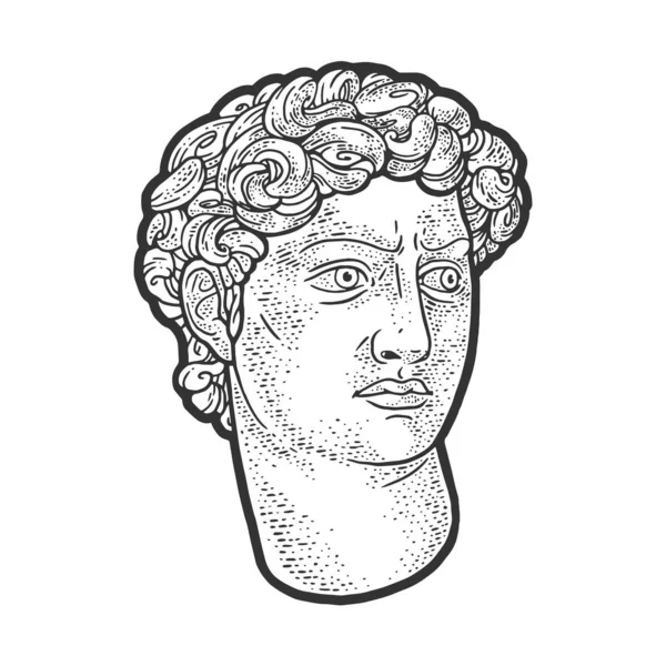 Head of David statue sketch engraving vector illustration. T-shirt apparel print design. Scratch board imitation. Black and white hand drawn image. — Stock Vector