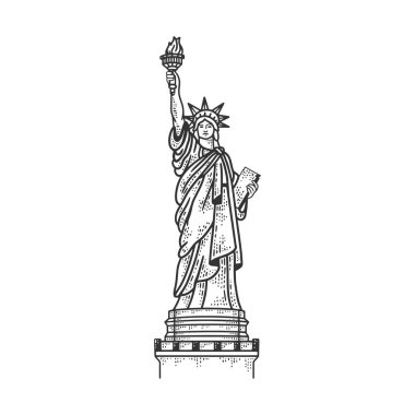 New York 'taki Özgürlük Anıtı çizimi, kabartma vektör çizimi. Tişört giysisi baskısı tasarımı. Çizik tahtası taklidi. Siyah beyaz el çizimi resim.