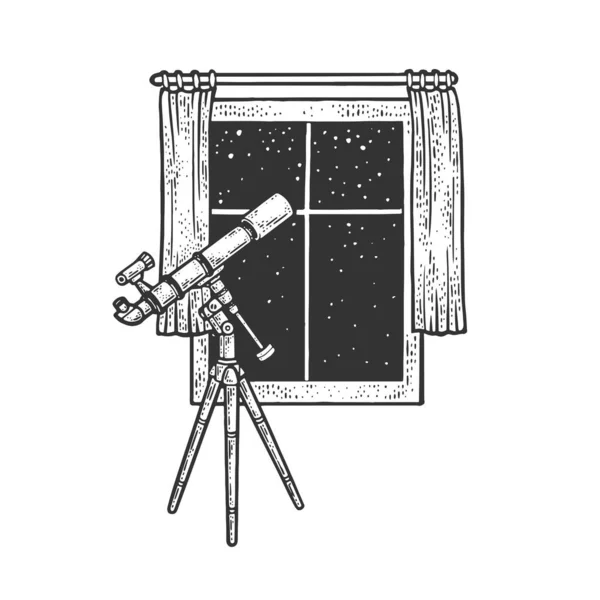 Telescopio y ventana abierta boceto grabado vector ilustración. Diseño de estampado de ropa de camiseta. Scratch board imitación. Imagen dibujada a mano en blanco y negro . — Vector de stock