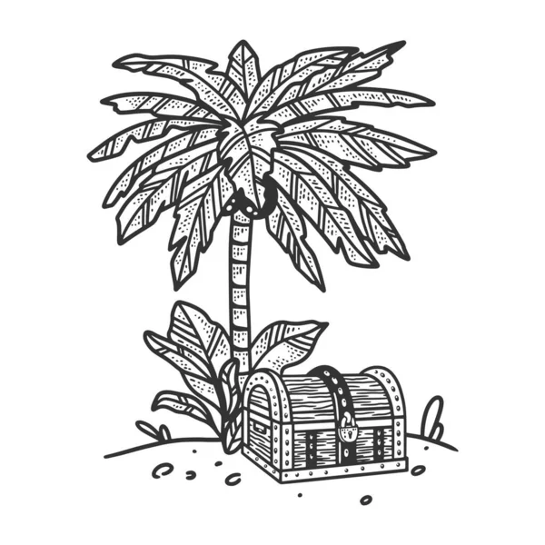 Onbewoond eiland in de oceaan met palmboom en schatkist schets graveren vector illustratie. T-shirt kleding print ontwerp. Krasplank imitatie. Zwart en wit met de hand getekend afbeelding. — Stockvector