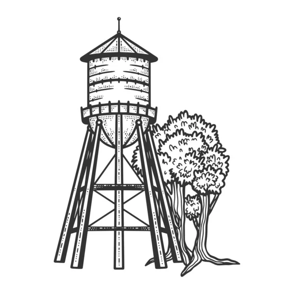 Desenho de torre de água gravura ilustração vetorial. T-shirt design de impressão de vestuário. Imitação de raspadinha. Imagem desenhada à mão preto e branco . — Vetor de Stock