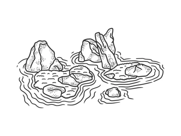 Японский эскиз сада с гравировкой векторного рисунка. Дизайн одежды для футболок. Имитация Доски Царапин. Черно-белое изображение . — стоковый вектор
