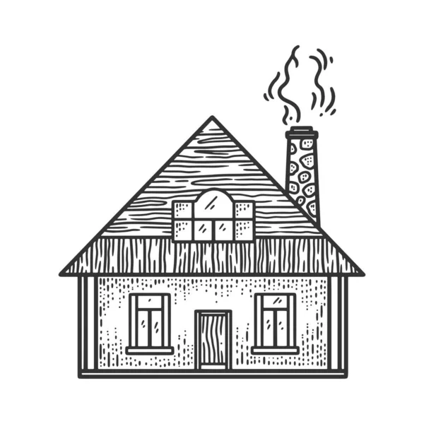 Rural pequeña casa bosquejo grabado vector ilustración. Diseño de estampado de ropa de camiseta. Scratch board imitación. Imagen dibujada a mano en blanco y negro . — Vector de stock
