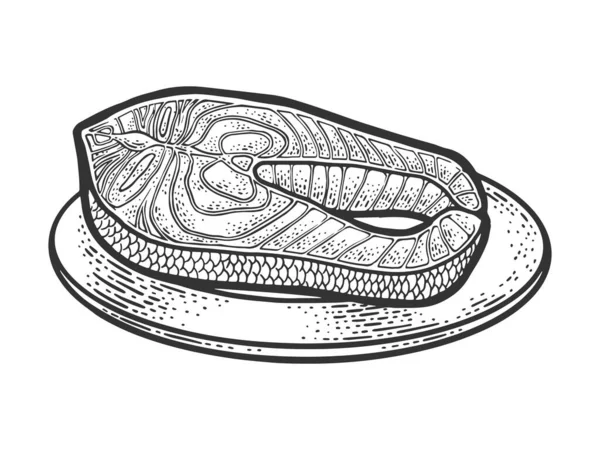 Croquis de steak de saumon atlantique gravure vectorielle illustration. T-shirt imprimé design. Imitation de carte à gratter. Image dessinée à la main noir et blanc. — Image vectorielle