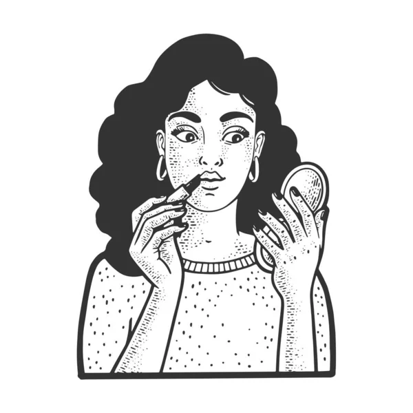 Chica pone maquillaje pinta los labios con lápiz labial dibujo grabado vector ilustración. Diseño de estampado de ropa de camiseta. Scratch board imitación. Imagen dibujada a mano en blanco y negro . — Vector de stock