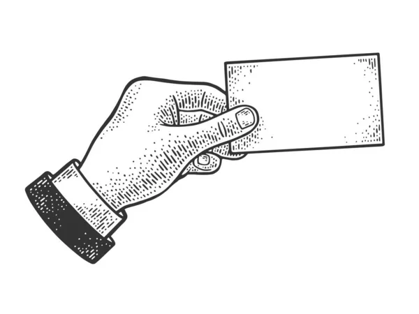 Рука з візитною карткою Ескіз гравіювання Векторні ілюстрації. Дизайн футболки для друку. Імітація дошки подряпин. Чорно-біле намальоване зображення руки . — стоковий вектор