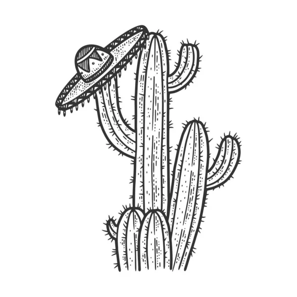 Sombrero mexikansk hatt på kaktus växt skiss gravyr vektor illustration. T-shirt kläder tryck design. Skrapbrädesimitation. Svart och vit handritad bild. — Stock vektor