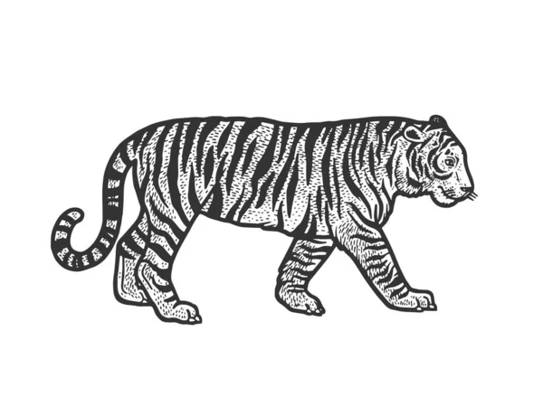 Caminhando tigre esboço gravura vetor ilustração. T-shirt design de impressão de vestuário. Imitação de raspadinha. Imagem desenhada à mão preto e branco . —  Vetores de Stock