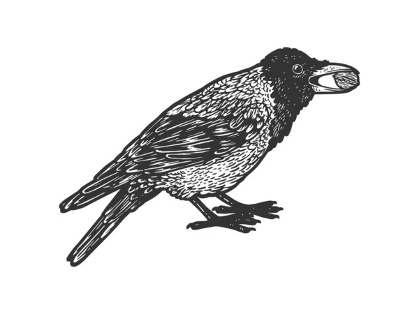 Crow y tuerca boceto grabado vector ilustración. Diseño de estampado de ropa de camiseta. Scratch board imitación. Imagen dibujada a mano en blanco y negro . — Vector de stock