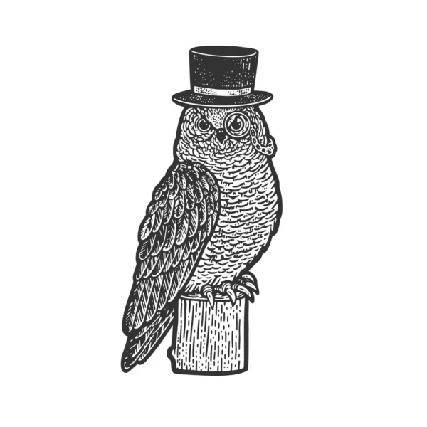 Сова птах у верхньому циліндрі капелюх ескіз гравіювання Векторні ілюстрації. Дизайн футболки для друку. Імітація дошки подряпин. Чорно-біле намальоване зображення руки . — стоковий вектор