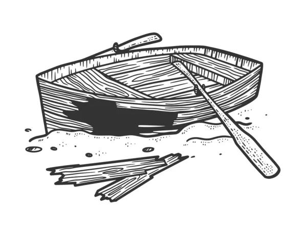 Rozbitý dřevěný člun náčrt rytiny vektorové ilustrace. Design trička s potiskem. Stírací deska imitace. Černobílý ručně kreslený obrázek. — Stockový vektor