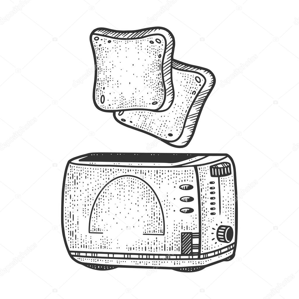 toasts fly up from the toaster sketch engraving vector illustration. T-shirt apparel print design. Scratch board imitation. Black and white hand drawn image.