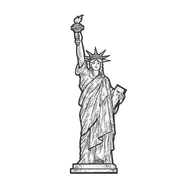 New York 'taki Özgürlük Anıtı çizimi, kabartma vektör çizimi. Tişört giysisi baskısı tasarımı. Çizik tahtası taklidi. Siyah beyaz el çizimi resim.