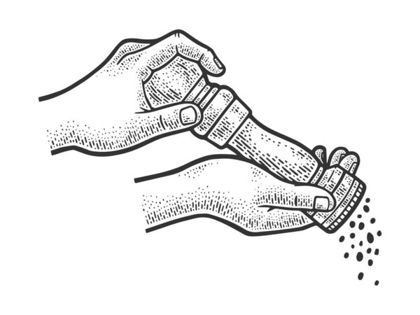 Перцовая мельница в ручной эскиз гравировки векторной иллюстрации. Дизайн одежды для футболок. Имитация Доски Царапин. Черно-белое изображение.