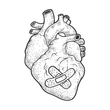Yapışkan bandaj yaması olan anatomik insan kalbi kabartma vektör çizimi. Tişört giysisi baskısı tasarımı. Çizik tahtası taklidi. Siyah beyaz el çizimi resim.