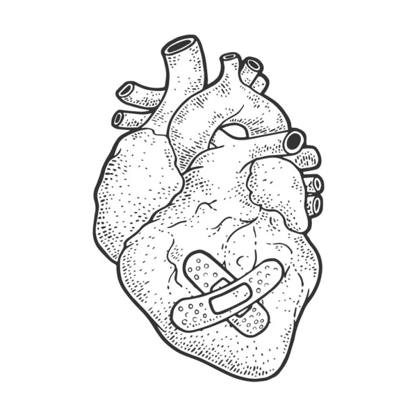 Анатомическое сердце человека с липкой повязкой пластырь пластырь набросок гравировки векторной иллюстрации. Дизайн одежды для футболок. Имитация Доски Царапин. Черно-белое изображение. — стоковый вектор