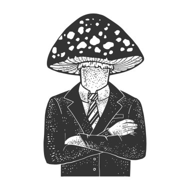 Amanita zehirli mantar başlıklı iş adamı, kabartma vektör çizimi çiziyor. Tişört giysisi baskısı tasarımı. Çizik tahtası taklidi. Siyah beyaz el çizimi resim.