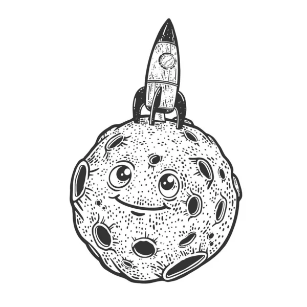 Karikatür Ay çiziminde roket uzay gemisi, kabartma vektör çizimi. Tişört giysisi baskısı tasarımı. Çizik tahtası taklidi. Siyah beyaz el çizimi resim. — Stok Vektör