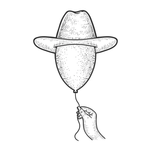 Vzduchový balón s kresbou klobouku s vektorovou ilustrací. Design trička s potiskem. Stírací deska imitace. Černobílý ručně kreslený obrázek. — Stockový vektor