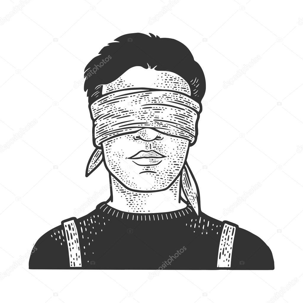 blindfolded man sketch engraving vector illustration. T-shirt apparel print design. Scratch board imitation. Black and white hand drawn image.
