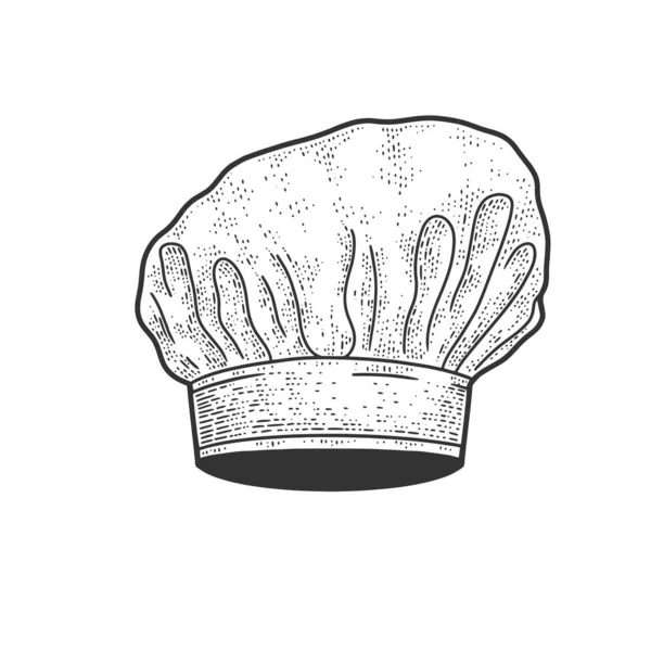 Chef alb pălărie schiță gravură ilustrație vectorială. Design de îmbrăcăminte pentru tricouri. Scratch bord imitație. Imagine desenată de mână alb-negru . — Vector de stoc