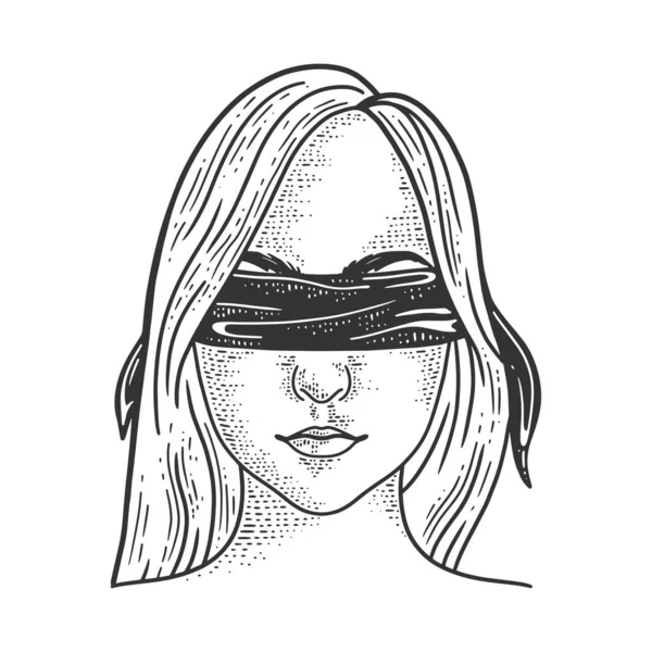 Menina de olhos vendados esboço gravura vetor ilustração. T-shirt design de impressão de vestuário. Imitação de raspadinha. Imagem desenhada à mão preto e branco . —  Vetores de Stock