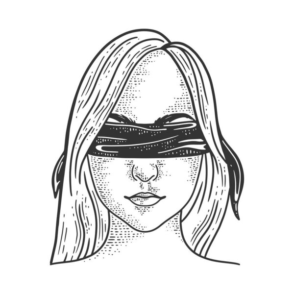 blindfolded girl sketch engraving vector illustration. T-shirt apparel print design. Scratch board imitation. Black and white hand drawn image.