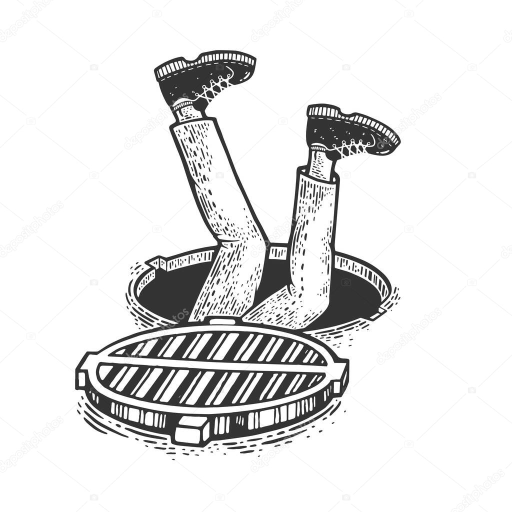 man falling into open manhole sketch engraving vector illustration. T-shirt apparel print design. Scratch board imitation. Black and white hand drawn image.
