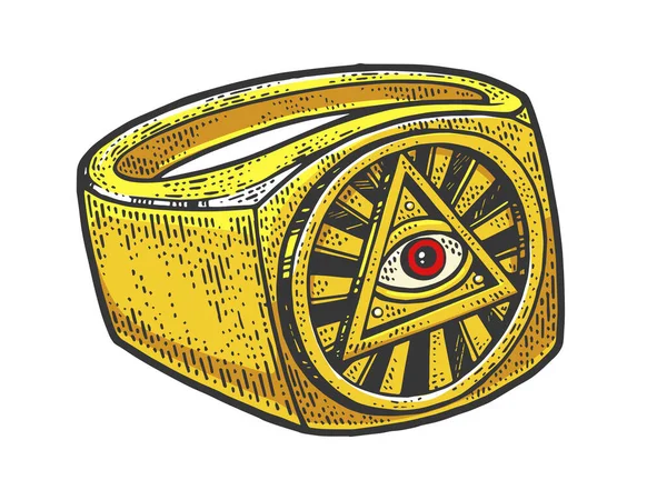 Olho de Deus Providência anel maçônico símbolo cor esboço gravura vetor ilustração. Imitação de estilo Scratch board. Imagem desenhada à mão preto e branco . — Vetor de Stock