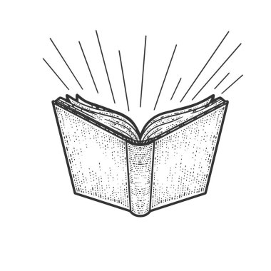 Kitap ve ışık ışınları kabartma vektör çizimi. Tişört giysisi baskısı tasarımı. Çizik tahtası taklidi. Siyah beyaz el çizimi resim.