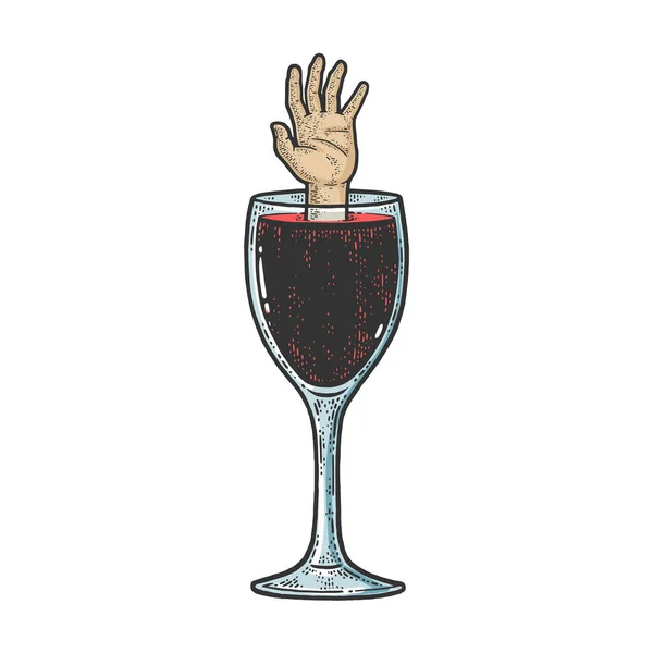 Mann ertrinkt in einem Glas Wein Farbskizze Gravur Vektor Illustration. T-Shirt-Print-Design. Rubbelbrett-Imitat. Handgezeichnetes Schwarz-Weiß-Bild. — Stockvektor