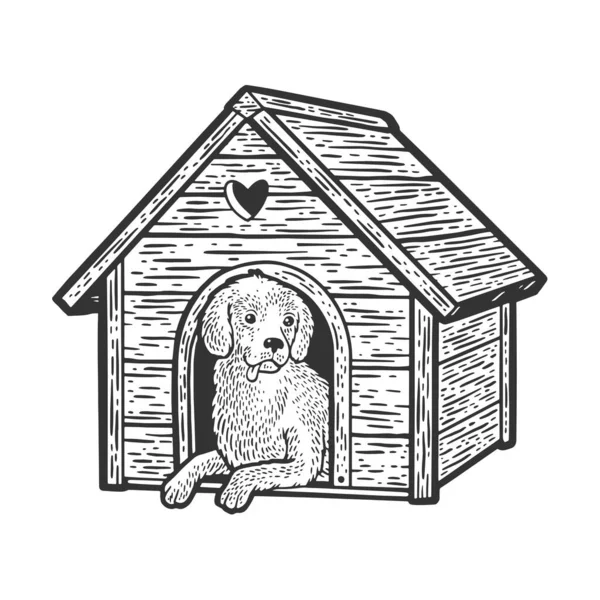 Σκύλος στο περίπτερο σκίτσο χάραξη διάνυσμα εικονογράφηση. Σχεδιασμός εκτύπωσης ρούχων T-shirt. Απομίμηση χαρτονιού. Ασπρόμαυρη ζωγραφισμένη στο χέρι εικόνα. — Διανυσματικό Αρχείο