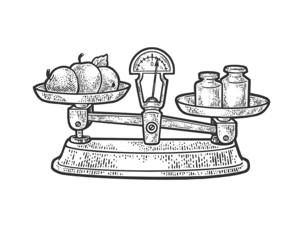 Яблука на вагах ескіз гравіювання Векторні ілюстрації. Дизайн футболки для друку. Імітація дошки подряпин. Чорно-біле намальоване зображення руки . — стоковий вектор