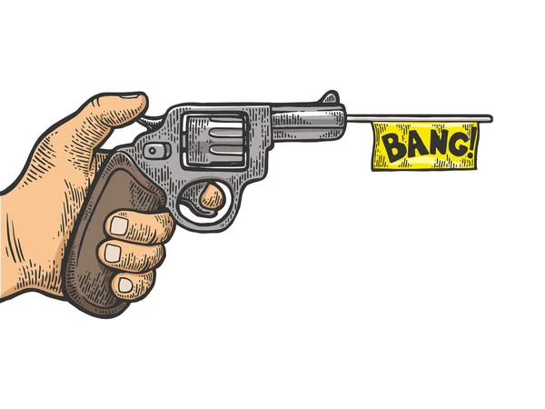 Pistola con bandiera bianca imitazione ripresa a colori schizzo incisione vettoriale illustrazione. Imitazione in stile gratta e vinci. Immagine disegnata a mano in bianco e nero. — Vettoriale Stock