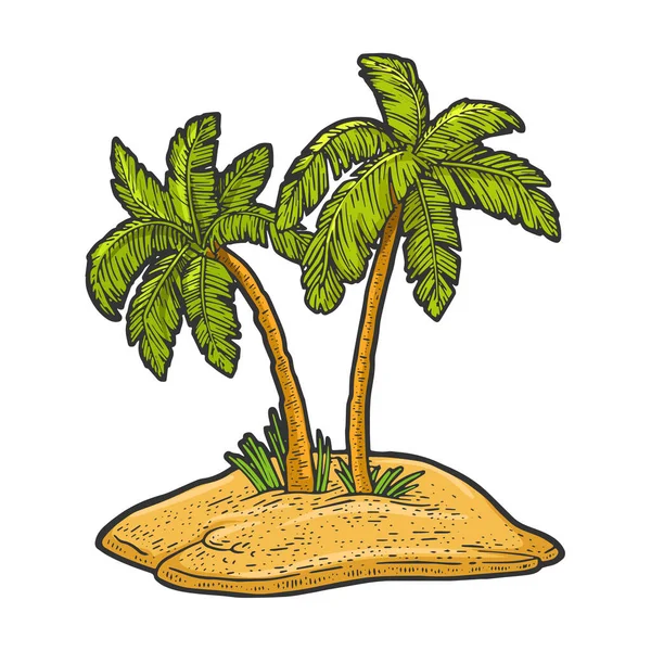 Onbewoond eiland in de oceaan met twee palmbomen kleur schets graveren vector illustratie. T-shirt kleding print ontwerp. Krasplank imitatie. Zwart en wit met de hand getekend afbeelding. — Stockvector