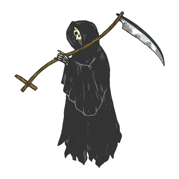 Ilustrasi gambar vektor ukiran gambar Grim Reaper Death. Peniruan gaya papan gores. Citra gambar tangan hitam dan putih. - Stok Vektor