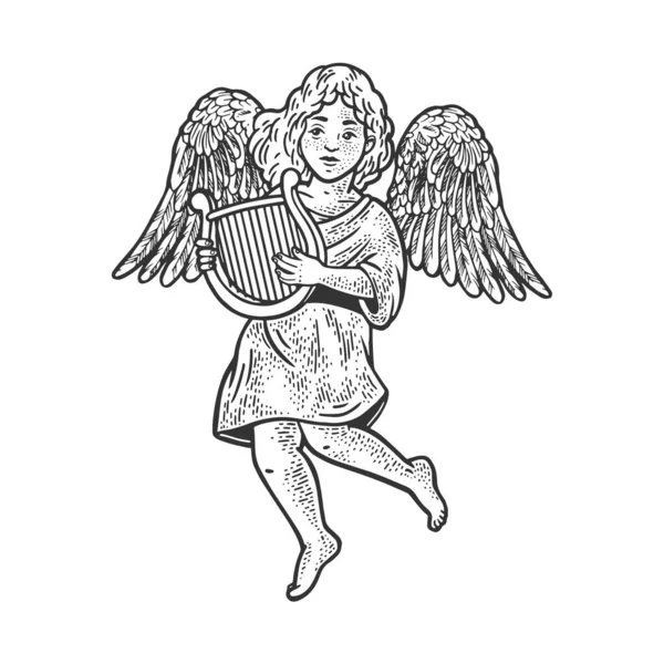 Ангел з лірним ескізом гравюра Векторні ілюстрації. Дизайн футболки для друку. Імітація дошки подряпин. Чорно-біле намальоване зображення руки . — стоковий вектор